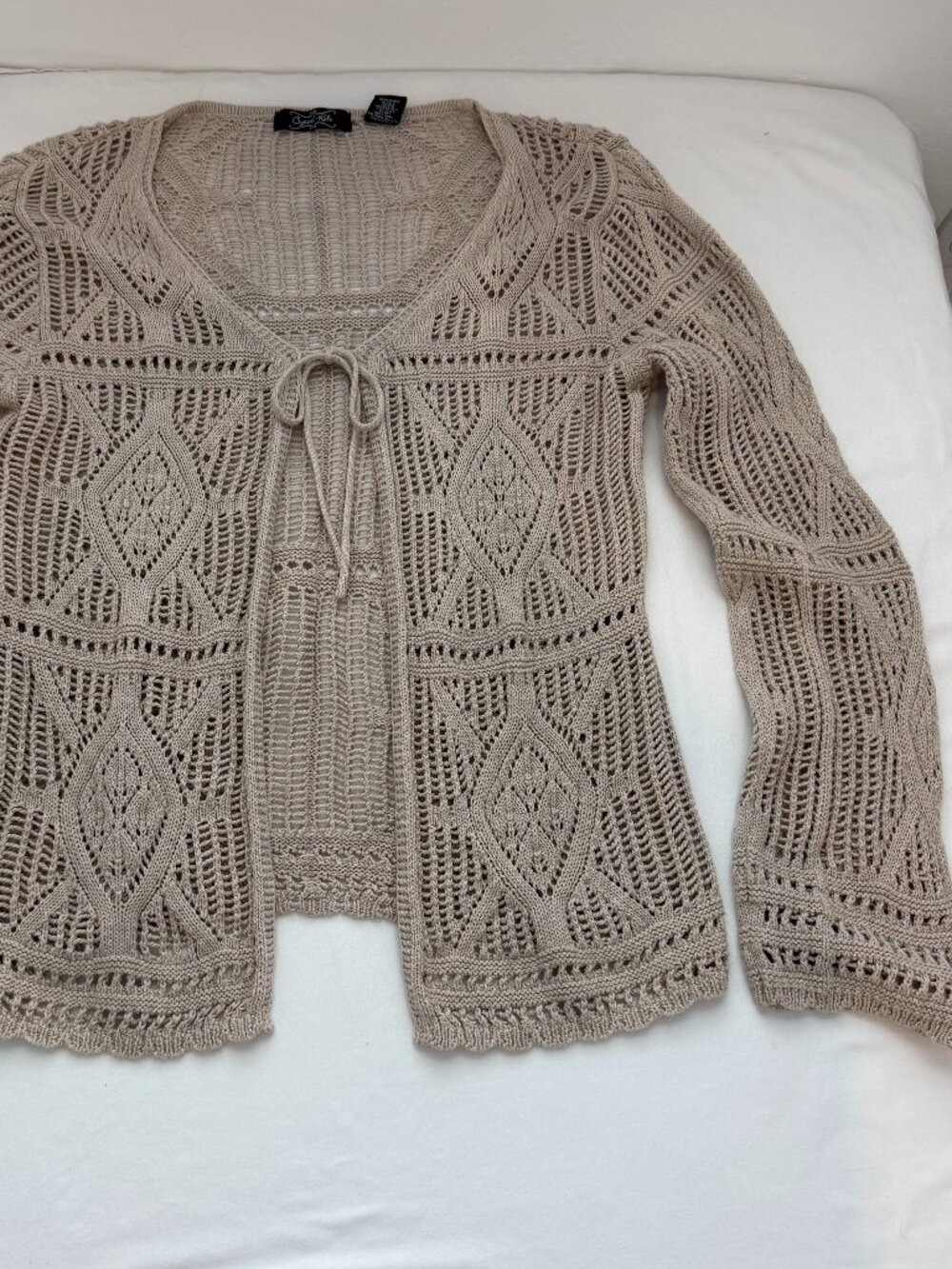 Crystal-Kobe Womens Large Beige Crochet Knit Tie Front Cardigan Boho Bell Sleeve
